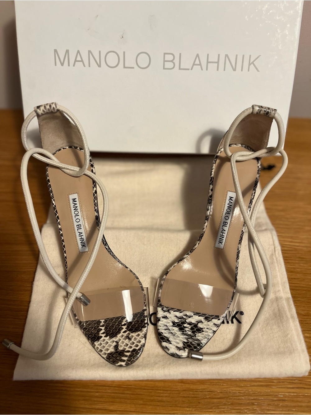 Manolo Blahnik White and Black Snake-Print Lace-Up Sandals